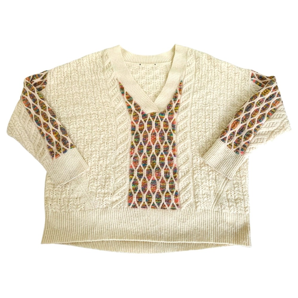 Unbranded Cable Knit‎ Sweater Women L Cream Colorful Honeycomb Boho Grandmacore